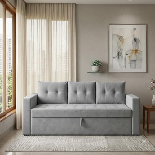 Image of FURNY Tressa 3 Seater Fabric Pull-Out Sofa Cum Bed Function (Light Gray) | Luxury Velvet Suede Finish | Durable Comfort Sofa Bed for Modern Living Room & Office Spaces