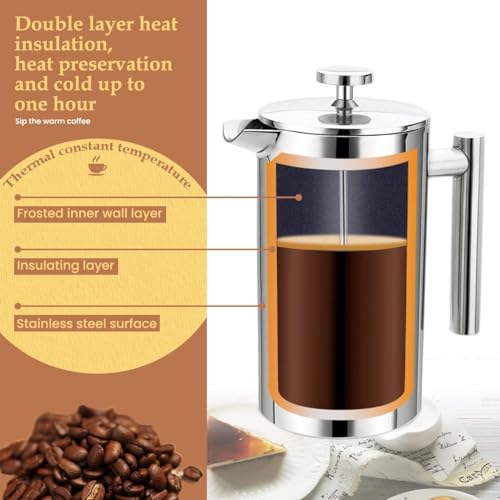 Image of 600 ML French Press Coffee Maker Double Insulated 304 Stainless Steel Coffee Maker with 4 Level Premium Filtration System Rust-Free Dishwasher Safe
