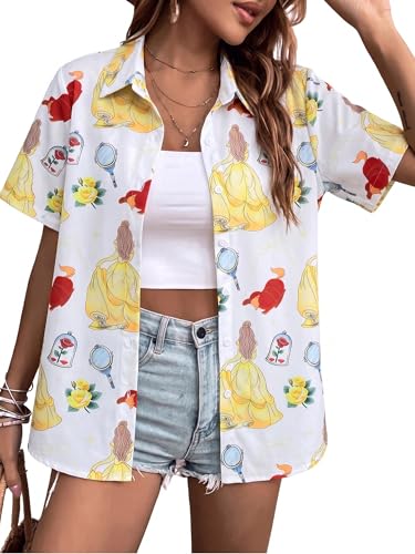 Image of ASTANFY Hawaiian Shirt Women Hawaii T-Shirt Tropical Floral Printed V Neck Shirts Soft Cool Summer Beach Button Up Blouse