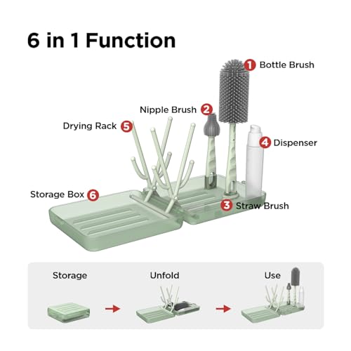 Miniatura 7 de Yotime Kit Cepillos Biberones Viaje Con Secar Biberones Plegable, Soporte De Apertura Automática Ranuras De Secado Vertical, 3 Cepillos Dispensador, Esenciales Para Padres Viajeros, Verde Claro
