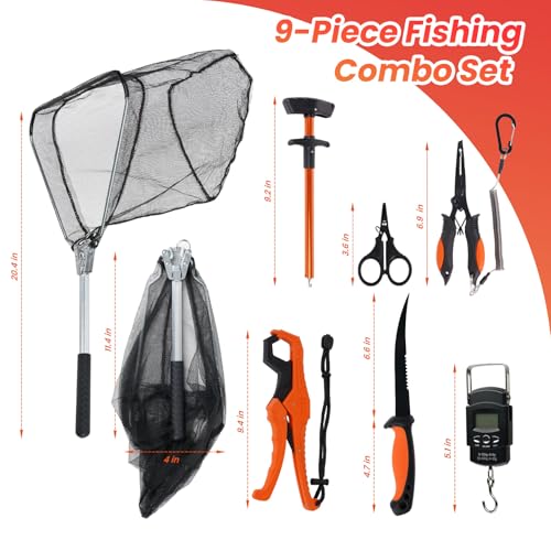 RAWILL 9 Pcs Fishing Tool Kit, Fishing Pliers with Lanyard and Protective Sheaths, Landing Net, Fillet Knife, Fish Scale, Gripper - Image 4