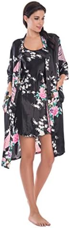 CostumeDeals Women's Satin Robes Set 2 Piece Sleepwear Sexy Lingerie Nightgown Floral Loungewear Nightdress Silky Camisole Pajamas, Black Medium