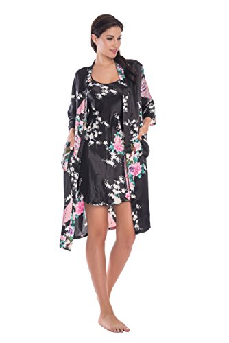 Women's Satin Floral Nightgown Loungewear Nightdress Camisole Robe 2PC Sleepwear Set, Black XXLarge