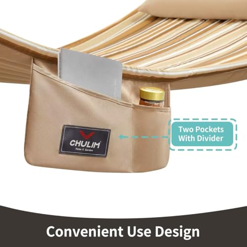 Image of Double Quilted Fabric Hammock with Hardwood Spreader Bars and Pillow 450 LBS Capacity 2 Person Large Hammock for Outdoor Patio Backyard Poolside - Brown Stripe