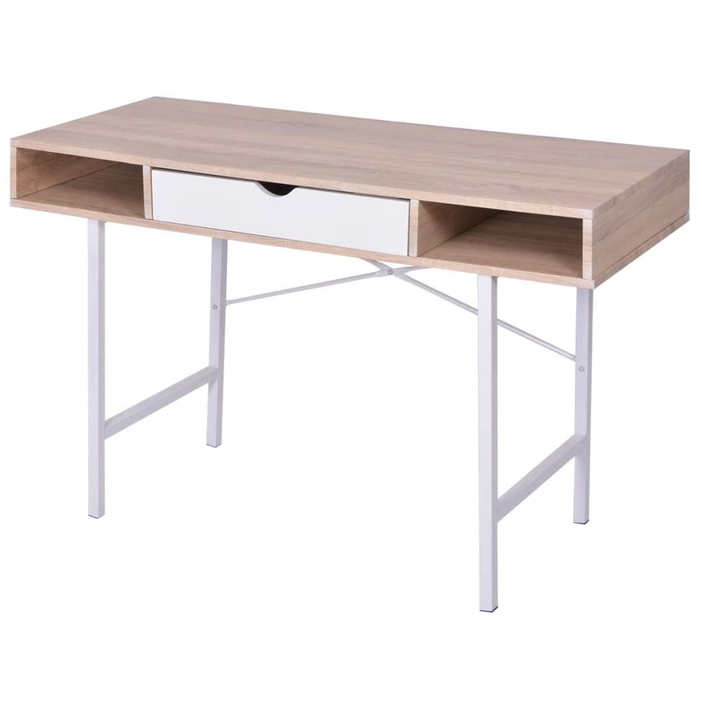 Schreibtisch mit 1 Schublade und Fächern, MDF-Tischplatte in Eiche und Weiß, stabile Metallbeine, geräumige Arbeitsfläche für Computer und Laptop, ideal für Home-Office und Büro