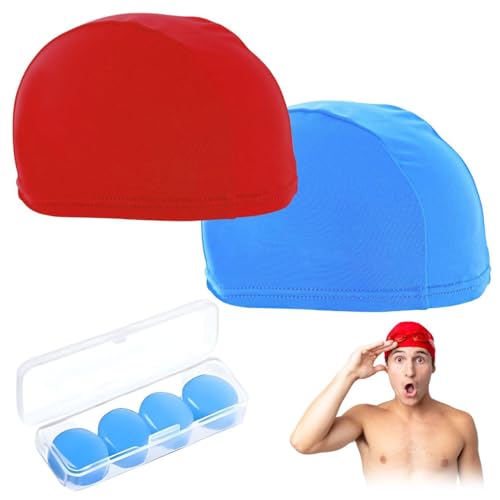 OUVESTA® Set de 2 Gorros de Piscina + 4 Tapones de Silicona | Gorro natación Hombre y Mujer, Ideal para SPA, Waterpolo, etc. (Gorro Azul-Rojo)
