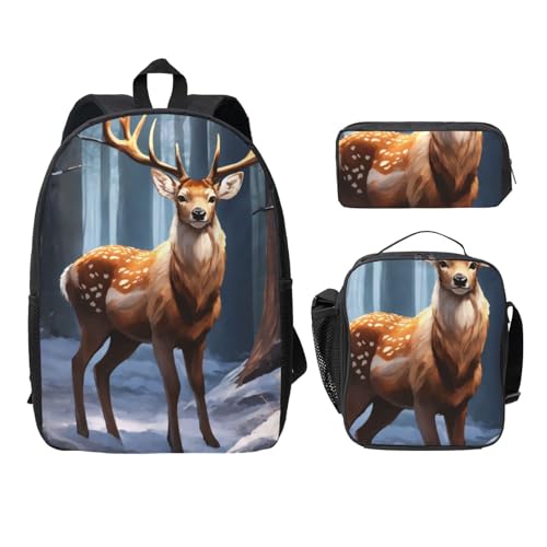 Sac à dos école imprimé cerf avec trousse à crayons et boîte déjeuner