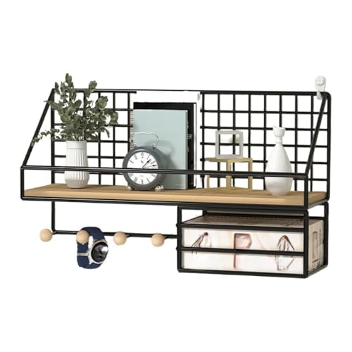 Fiyyuga フック付きウォールラック、壁を傷つけず、取り付け簡単、多機能、収納便利、玄関/キッチン/洗面所/寝室/浴室の室内装飾に最適(ブラック、45*12*15cm、ティッシュボックス付き)