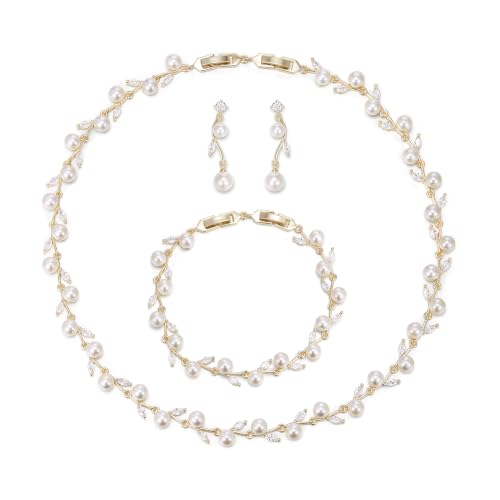 Image of EVER FAITH Cubic Zirconia Pearl Leaf Bridal Jewelry Set for Bride Women