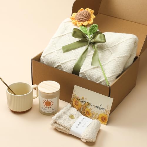 Self Care Gifts for Women - Luxury Package with 50"x70" Cozy Knitted Blanket, Fuzzy Socks, Soy Candle, Sunflower Decor | Birthday, Thinking of You, Get Well Gifts | Mom, Girlfriend, Best Friend - Image 6