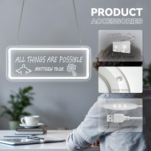 Image of ALL THINGS ARE POSSIBLE Neon Sign, MATTHEW 19:26 Neon Signs for Wall Decor, Dimmable Acrylic Neon Lights for Living Room Bedroom Classroom School Office Church, Perfect Gifts