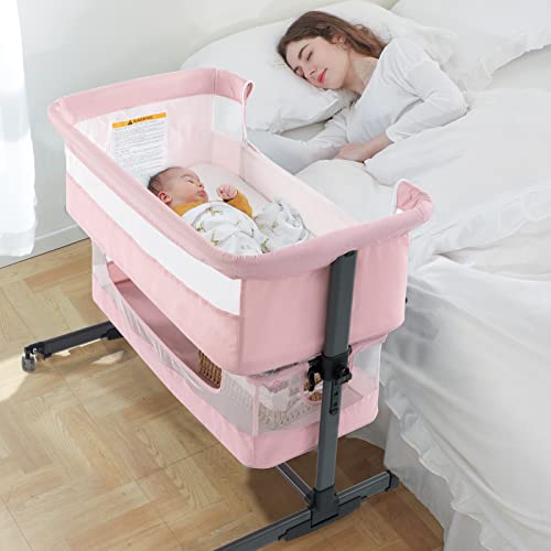 Image of Ihoming Baby Bassinet Bedside Sleeper, 3 in 1 Convertible Design, lnfant Bed Side Sleeper & Cradle Bassinets, Newborn Bedside Crib Attaches to Bed, Pink