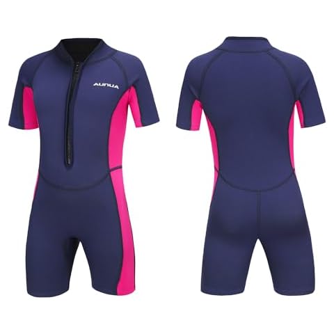 Aunua Children's 2mm Youth Swimming Suit Shorty Wetsuits Neoprene for Kids Keep Warm(7025 NavyPink 2) Cover