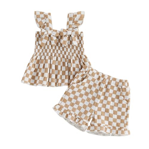 Covvoliy Toddler Baby Girls Summer Outfit Fashionable Plaid Flying Sleeve Ruffle Tops with Shorts 2Pcs Set (Apricot, 12-18 Months)