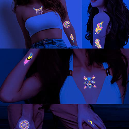 Neon Glow In The Dark Temporary Tattoos, Fluorescent Metallic Tattoo Stickers, Luminous Gold Silver Lace Chains Mandala Jewels Temporary Tattoo Body Art For Women Party Rave Makeup #TOP2