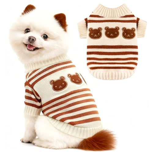 Dog Sweaters for Small Dogs with Cute Bear Pattern, Striped Soft Stretchable Warm Puppy Clothes for Small Dogs Cats, French Bulldog, Chihuahua for Winter