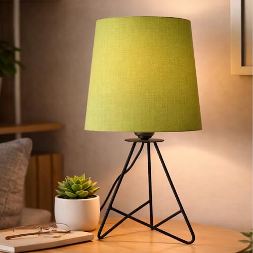 Image of Modern Black Tripod Table Lamp with Taper Fabric Shade | Metal Base Bedside Lamp for Bedroom, Living Room, Study, Office & Nightstand | Decorative Table Light (Green)