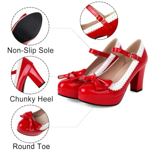 Image of FOREADA Lolita Bow Platform High Heel Women Rockabilly Mary Jane Dress Pump | Boasts soft kawaii retro vintage lolita tea party aesthetic, with block heel ,bow, round toe versatile style for dress wear