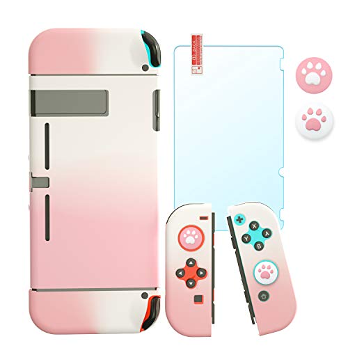 Coque de protection compatible avec Nintendo Switch, protecteur d'écran HD Switch + capuchons pour console Nintendo Switch – Rose/blanc