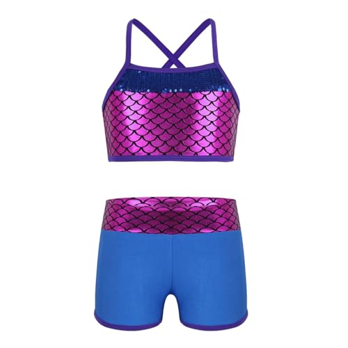 YEAHDOR Big Girls' 2 Pieces Gymnastics Dancing Outfits Crop Bra Top with Shorts Set Athletic Sports Actviewear Blue Mermaid Scales 10-12 Years