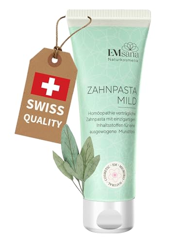 EMsana Zahnpasta mild – Natürliche Zahnpflege mit Effektiven Mikroorganismen, Xylit & Hamamelis-Extrakt – Vegan, Homöopathie-Verträglich, Ohne Fluorid & Mikroplastik – 75 ml