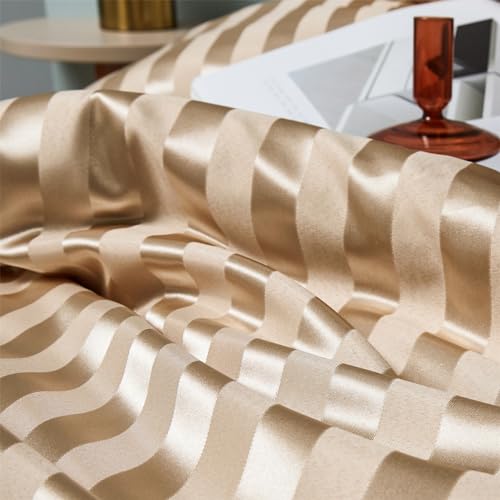YASMENG Funda de Edredón de Satén 220x240 Beige Oro Rayado Brillante Deluxe Juego de Cama de Satén Suave de Seda de Soja Ropa de Cama para 2 Personas Adultas con Cremallera con Fundas de Almohada - imagen 5