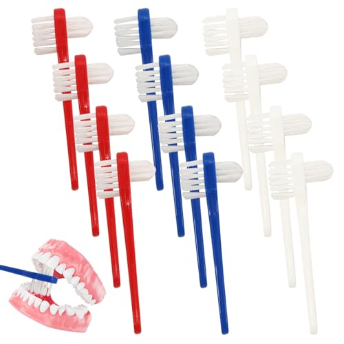 12pcs Denture Brush Dual, Head Portable Firm Hard Bristle Denture Toothbrush,Denture Cleaning Brush Retainer Brush Dental Toothbrush for False Teeth, Clear Braces and Mouth Guards(White,Blue, Red）