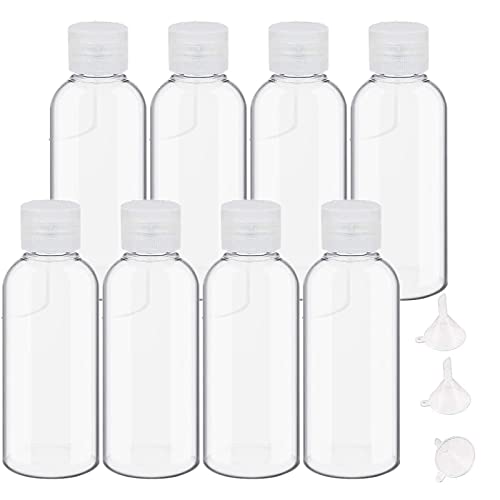 8 Pezzi Bottiglie di Viaggio Plastica, 100 ml set di bottiglie da viaggio in plastica con 3 piccoli imbuti, flaconi per la cosmetica trasparenti per viaggi, campeggio