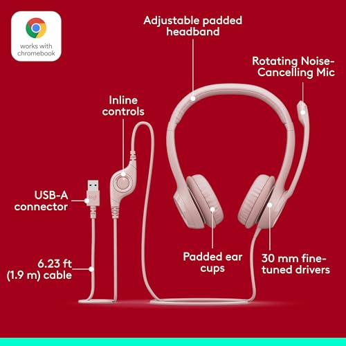 Image of Logitech H390 Wired Headset for PC /Laptop, Stereo Headphones with Noise Cancelling Microphone, USB-A, in-Line Controls, Works with Chromebook - Rose