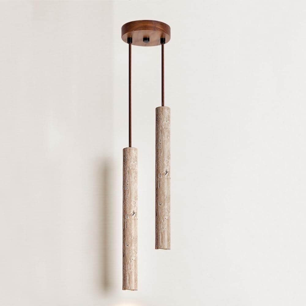 ITOSUI 2-Light Modern Travertine Stone Linear Pendant Light Fixture, Wood Hanging Lamp, Adjustable Ceiling Lighting for Kitchen Island Dining Room Bedside Bedroom