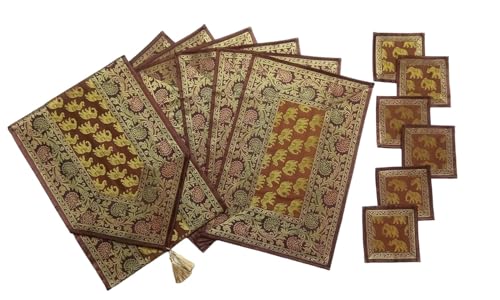 Image of Diwali Room Decor Silk Table Runner Placemats Tea Coaster Set for Living Room 4 to 6 Seater Dinning Table Table Mat Set Centre Table Top Decor Pack of 13 Pcs (Brown)