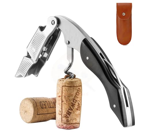 Tire-bouchon professionnel en acier inoxydable avec son Etui en Cuir. Qualité Hôtelière et Restauration. Avec Décapsuleur et coupe capsule - Limonadier professionnel, couteaux de sommelier. (Noir)