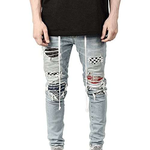 Men's Vintage Ripped Patch Jeans Printed Pattern Skinny Biker Denim Pants Hip Hop Skinny Check Patchwork Jean Trousers Light Blue4