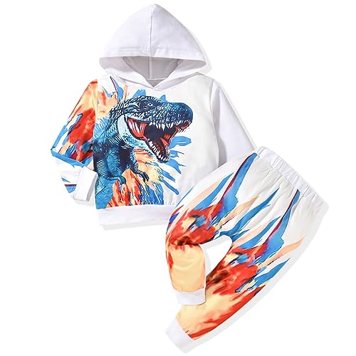 Image of HINTINA Baby Boys Dinosaur Long Sleeve Hoodie Tops Sweatsuit Pants Winter Outfit Set