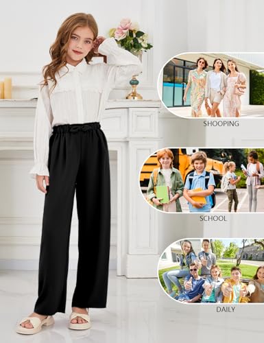 Image of Girls Wide Leg Palazzo Pant Loose Straight Cute Bow Waist Spring Summer Lightweight Dress Pant for Kids 5-14Y