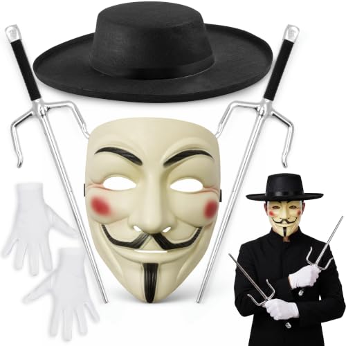 itsSpooky Adult Unisex V for Vendetta Cosplay Set - Guy Fawkes Mask Black Hat Pair of Sais Daggers & White Gloves - Anonymous Hacker Vendetta Halloween Costume Kit