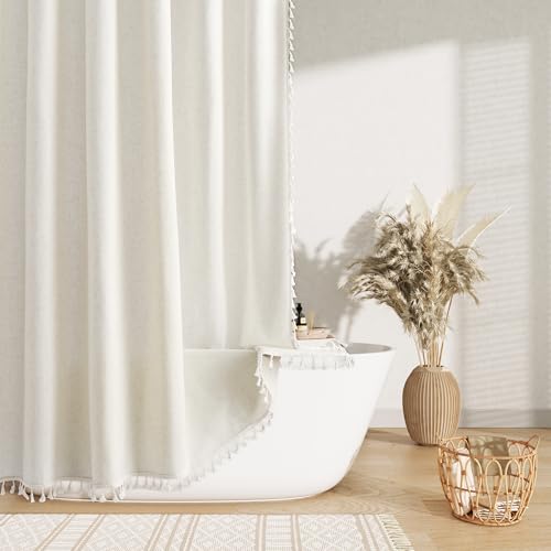 Nanspring Cream Boho Linen Shower Curtain 72 Inch Modern Vintage Farmhouse Chic Shower Curtains Set with Hooks for Bathroom Weighted Tassel Design Rustic Cottage Core Bath Curtain 72x72 Natural