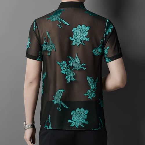 MOKEWEN Men's Punk Elegant See Through Lace Short Sleeve Shirts2