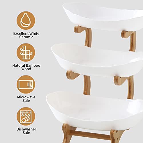 Foto von MINGCASA Obstkorb mit 3 Ebenen, Keramik, natürlicher Bambusständer, Küche, Organizer für Gemüse und Obst ，Ständer Servierteller für Obst, Kuchen, Süßigkeiten (Keramik)