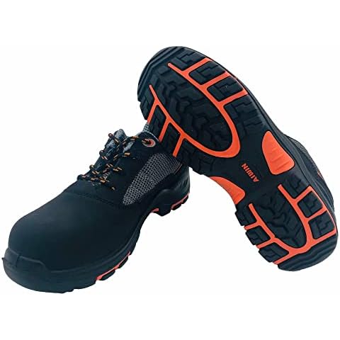 aspeike Mens Safety Shoes, Composite Toe Cap Footwear, Non Metallic Lightweight Kevlar Midsole Work Shoes, Leather Breathable Hiker Black Cover