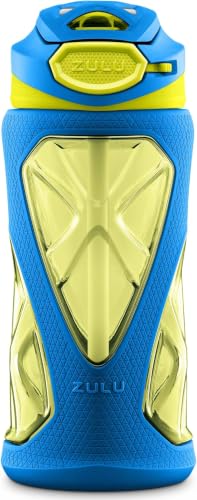 Image of ZULU Torque 16oz Plastic Kids Water Bottle with Silicone Sleeve & Leak-Proof Locking Flip Lid & Soft Touch Carry Loop for School Backpack, Lunchbox, BPA-Free Dishwasher Safe, Gray (Pack of 6)