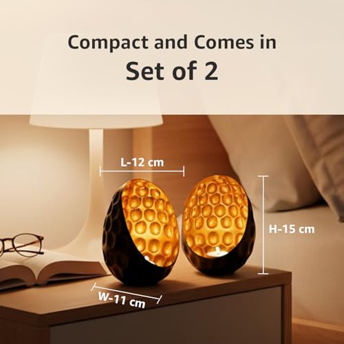 Image of Amazon Brand - Solimo Tea Light Votive - Oval Diamond Design, Black Iron with Gold Interior, Set of 2 (Size: L-12 cm x W-11 cm x H-15 cm)