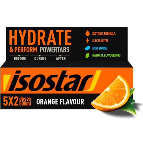ISOSTAR – Hydrate & Perform Powertabs saveur Orange – Tablettes Effervescentes pour Boisson Isotonique Sport, Apport en Glucides et Électrolytes – 10 Tablettes, 120 g