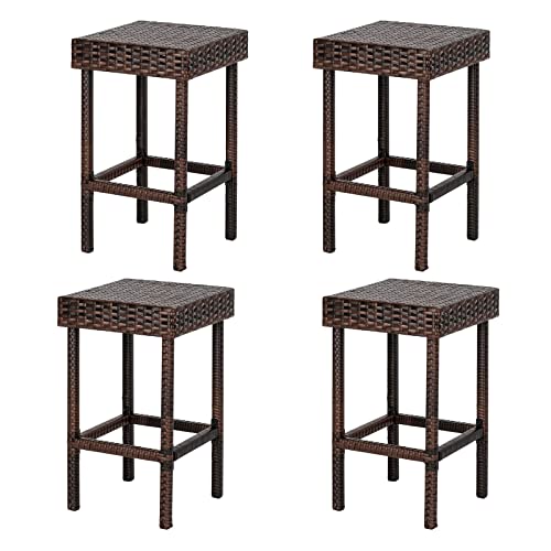 Ssline Set Of 4 Patio Wicker Bar Stools Outdoor Rattan Dining Chair Brown Wicker Pub Stool Backless Bar Chair For Backyard Deck Garden (4Pcs Stool Only) #TOP19