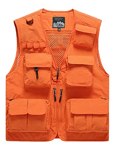 Sukany - Veste de loisirs pour homme avec multi-poches - Pour extérieur, safari, pêche, voyage, photographie - Gilet Cargo en maille, Orange, M