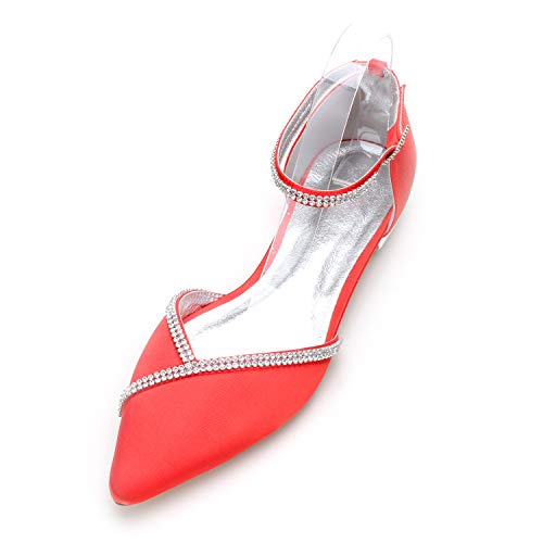 LLBubble Women Satin Wedding Shoes for Bride Flats Pointed Toe Crystals Party Dress Bridesmaid Shoes-Red-9