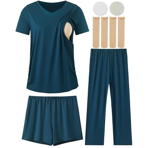DANSHOW 5 Piece V Neck Maternity Nursing Pajamas Set Postpartum Pjs Breastfeeding Sleepwear, Nursing Breast Pads & Socks Navy Small
