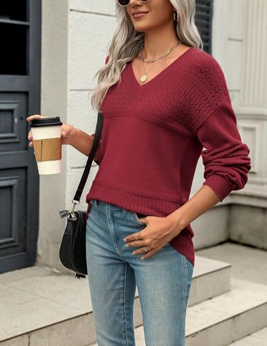 Image of Zeagoo Womens 2026 Fall Sweaters Casual Long Sleeve Ribbed Knit Pullover V Neck Lightweight Crochet Pullover Sweater Top
