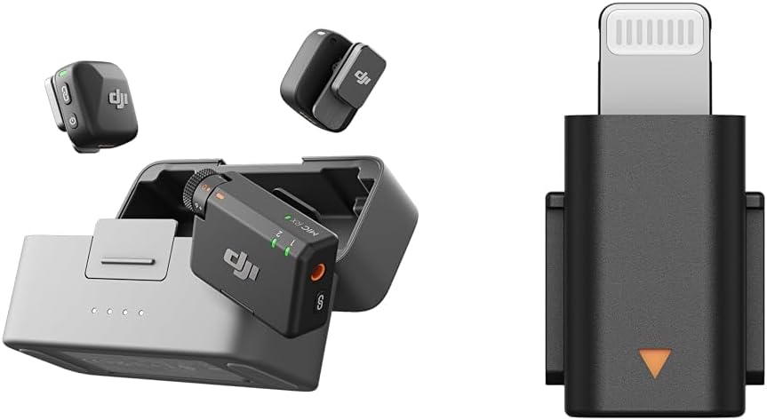 DJI Mic Mini (2 TX + 1 RX + Charging Case) with Mic Mini Mobile Phone Adapter (Lightning), Ultralight, Detail-Rich Audio, 48h Use, Noise Cancelling, Wireless Microphone, Vlog, Streaming