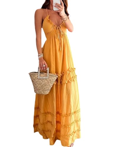 Image of Owl's-Yard Women Ruffle Spaghetti Strap Dress Sexy Backless Tiered Flowy Sundresses Boho Beach Long Dress Clubwear (G-01, L)